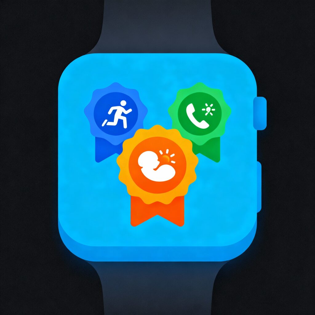 Health app achievement badges and wearable fitness tracker displaying gamification features for wellness motivation