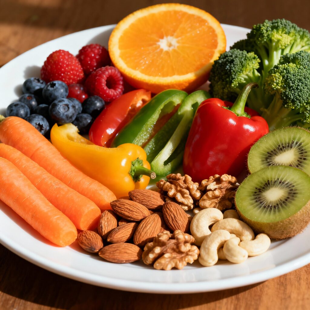 Colorful array of immunity-boosting foods including citrus fruits, berries, leafy greens, nuts, and seeds