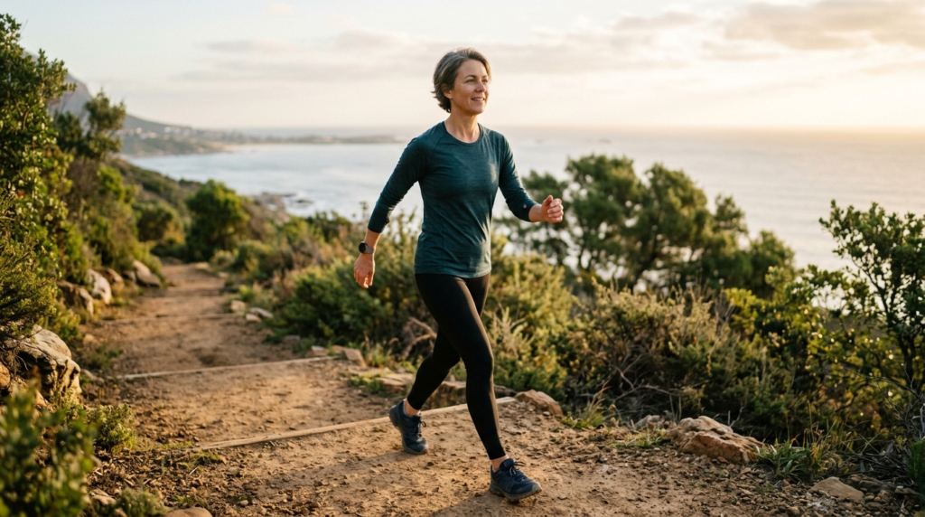 Woman walking briskly along a sunlit coastal trail in early morning light representing recovery and cardiovascular exercise.