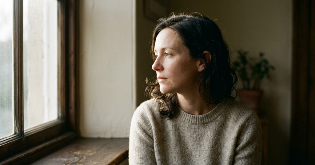 Woman seated near a sunlit window with soft natural morning light illuminating her profile and eyes in a warm neutral setting