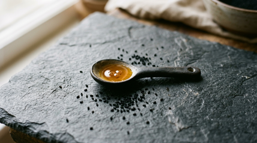 Ceramic spoon with drops of golden black seed oil and scattered Nigella sativa seeds on dark slate