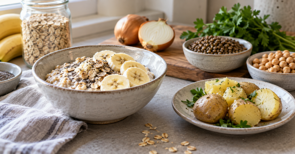 Oatmeal, bananas, legumes, onions, and cooked potatoes as fiber-rich foods associated with gut butyrate production