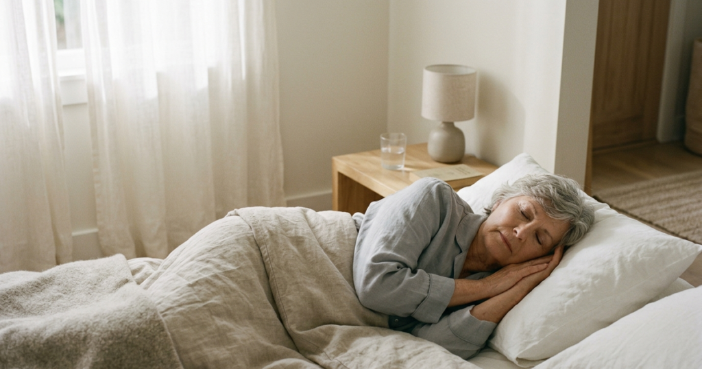 Older woman resting peacefully in a calm sunlit bedroom with soft natural morning light