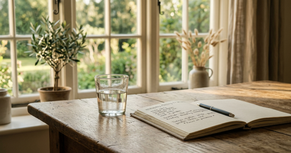 A glass of clear drinking water and an open journal resting on a wooden table in soft morning sunlight
