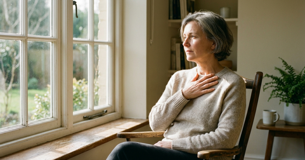 A middle-aged adult resting by a morning window with hand over upper chest, reflecting on body awareness and heart rhythm health.