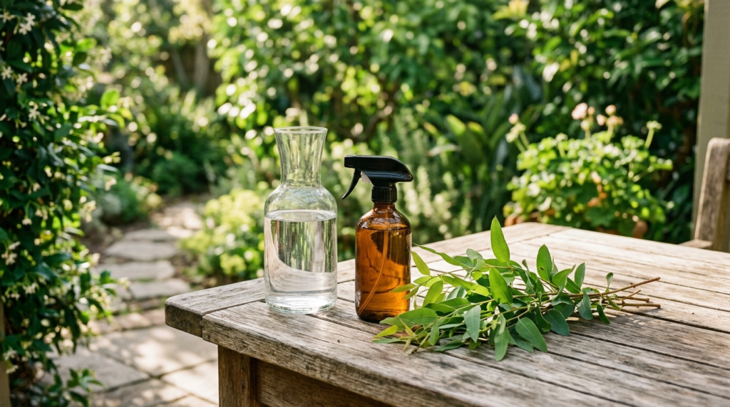 A glass carafe of water, an amber repellent spray bottle, and fresh lemon eucalyptus leaves on a sunlit wooden patio table