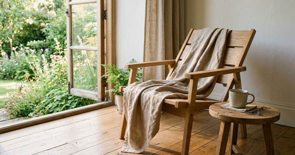 A sunlit convalescent recovery space with a wooden lounge chair, linen blanket, and herbal tea by an open window.