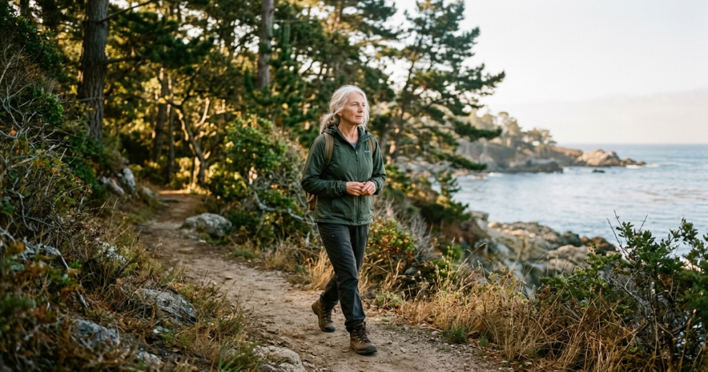 An active older adult walking along a wooded coastal trail in morning sunlight, reflecting healthy biological aging.