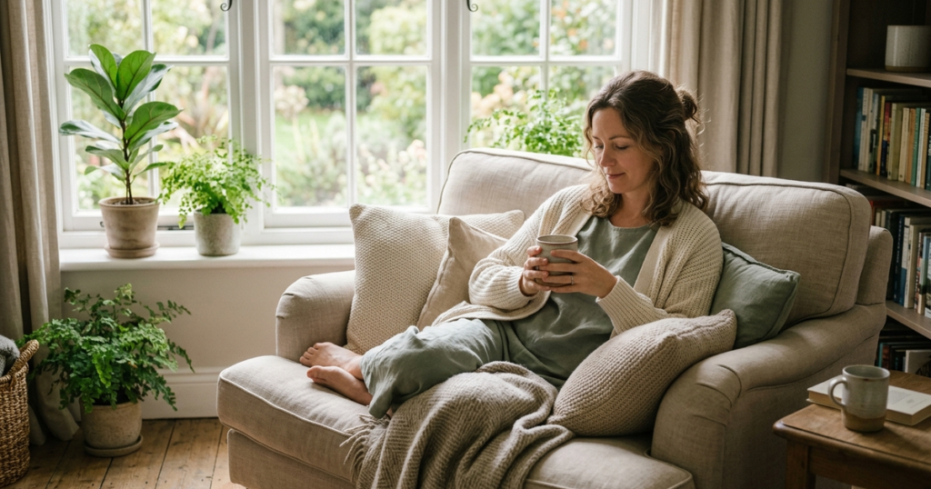 Woman resting comfortably in an armchair near a bright window holding warm tea in a serene living space