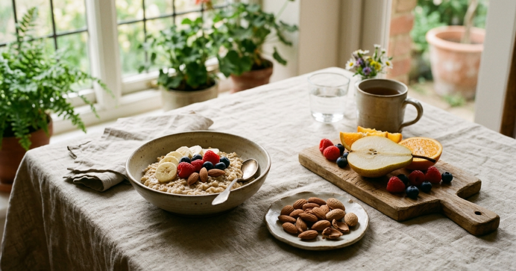 A rustic breakfast table with a bowl of oatmeal, fresh fruit, and whole almonds set on a linen tablecloth in morning window light