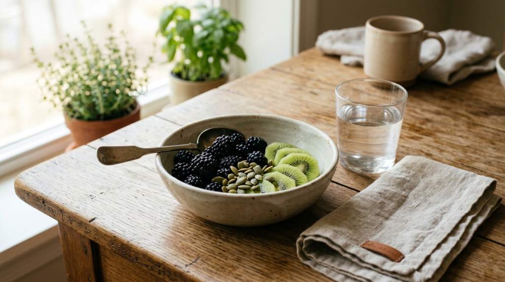 A wholesome breakfast bowl with blackberries, sliced kiwi, and pumpkin seeds on a rustic wooden table beside a glass of water and cloth napkin
