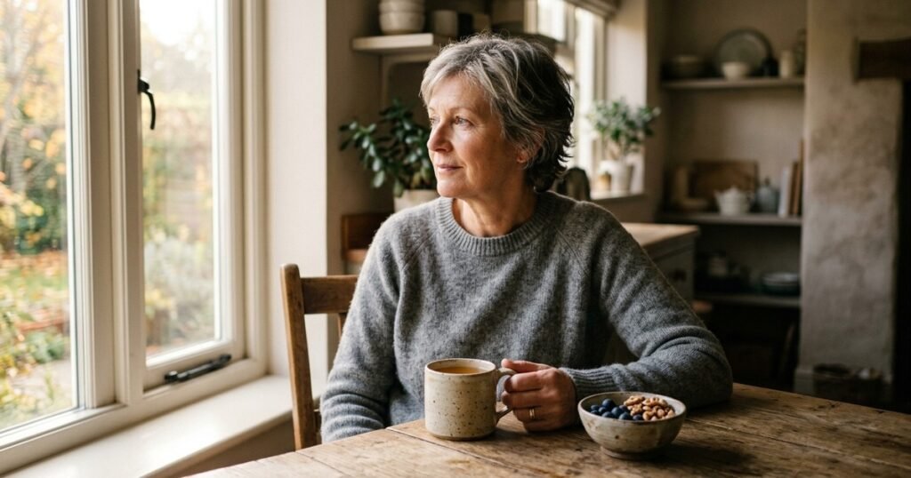 Mature adult seated at a morning kitchen table holding a mug of tea beside a bowl of blueberries and walnuts in soft window light