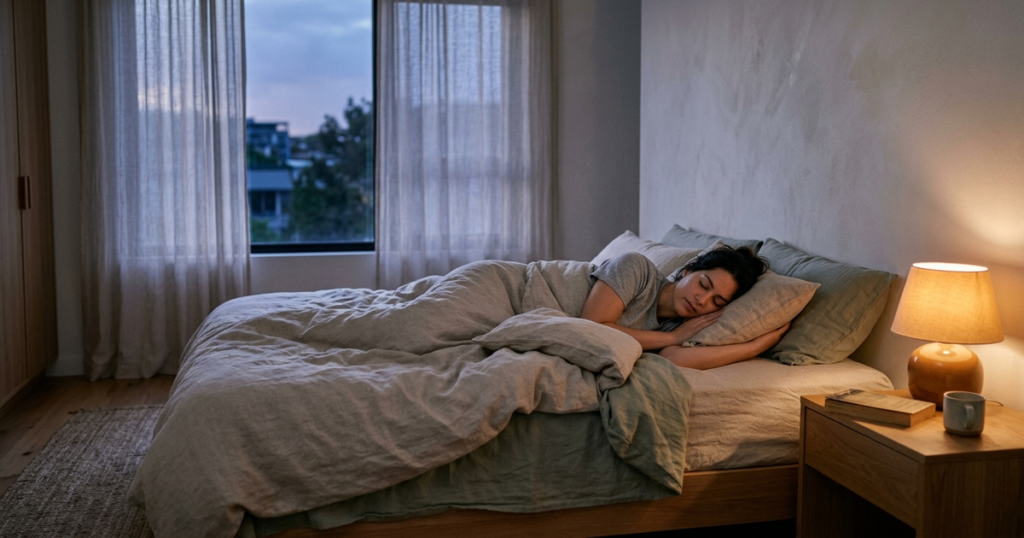 A person sleeping peacefully in a tranquil bedroom at twilight, illustrating thermoregulation and deep rest.