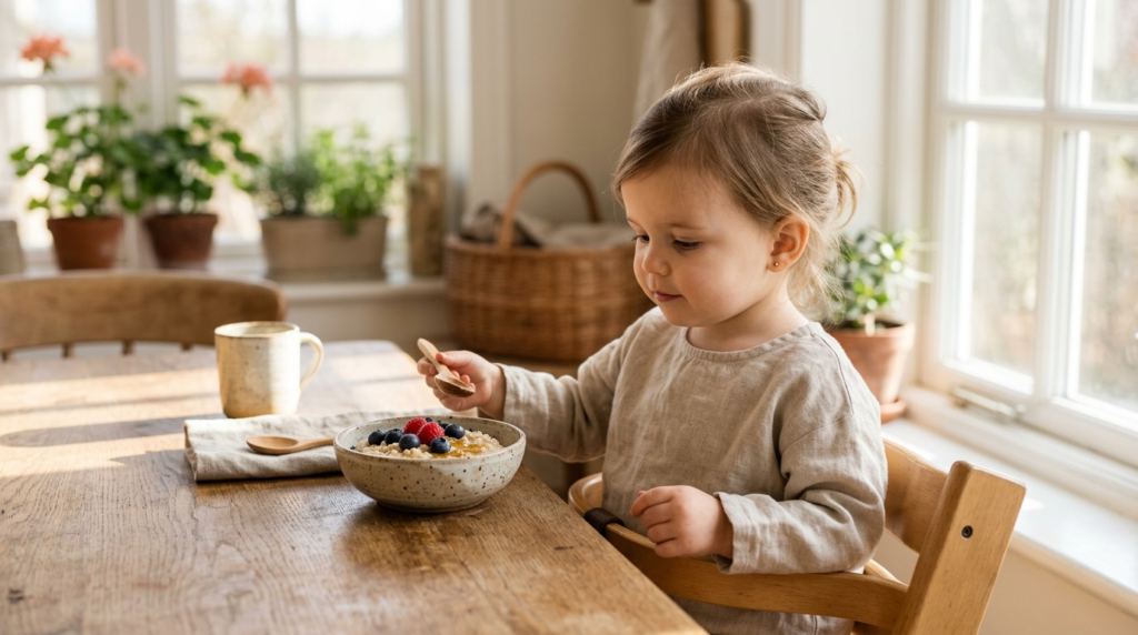 Toddler eating a bowl of oatmeal porridge and fresh berries at a sunlit wooden table