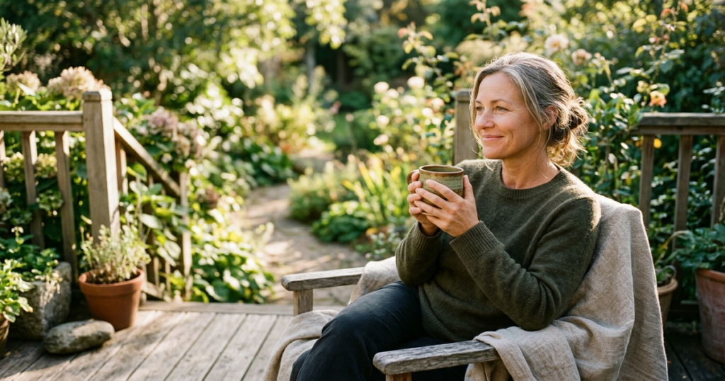 A woman in her late 40s sits serenely outdoors on a wooden deck in soft morning light, holding a warm cup.