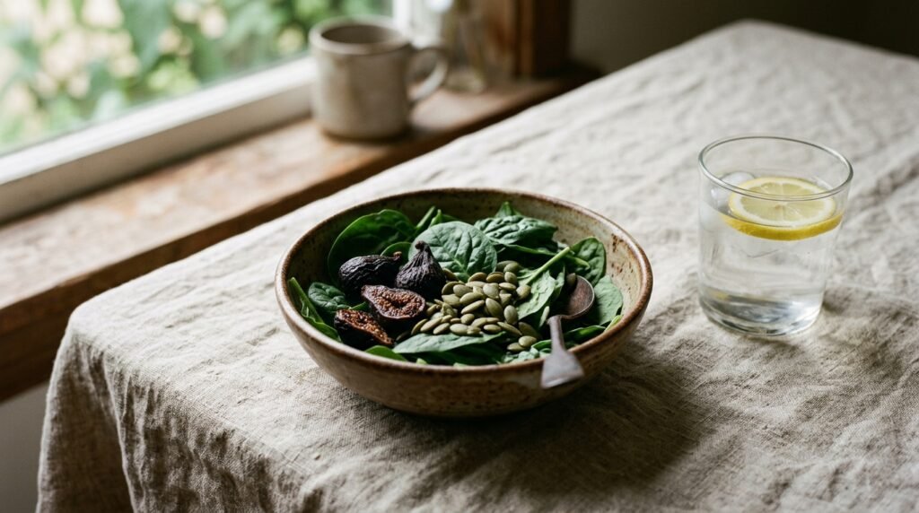 Rustic ceramic bowl containing iron-rich whole foods including dark leafy greens and seeds on a linen tablecloth in natural morning window light