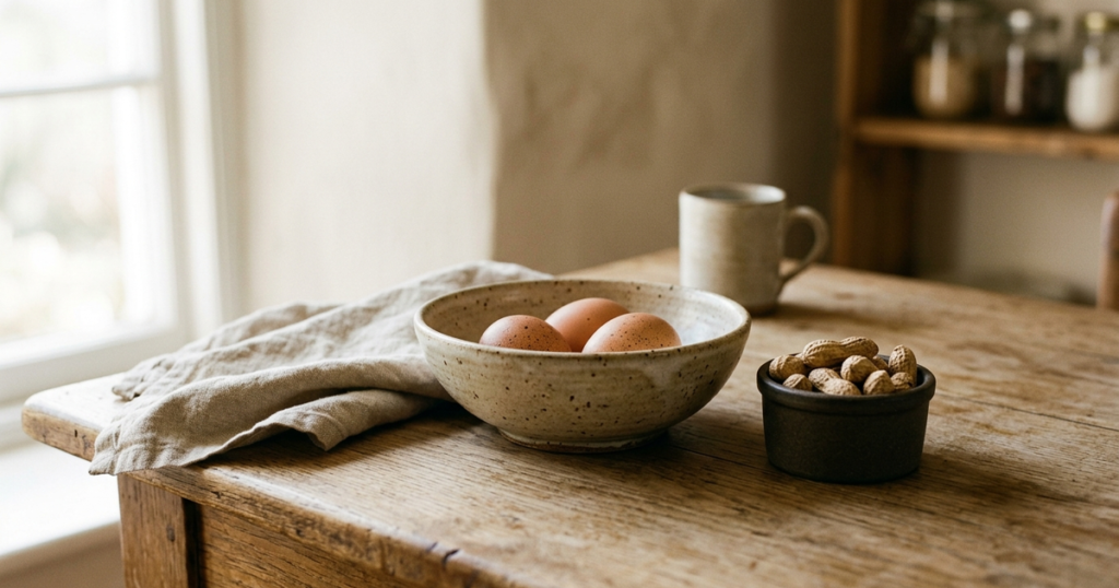 A handcrafted ceramic bowl of farm eggs and a small stoneware ramekin of peanuts on a sunlit rustic wooden kitchen table
