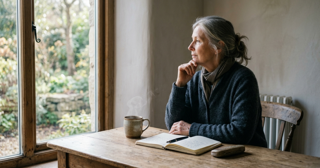 An older adult sitting thoughtfully by a wooden table near a sunlit window with a warm ceramic mug and notebook