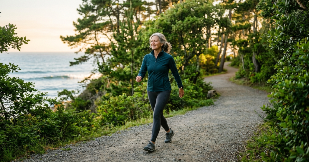 An active older woman walking briskly along a scenic coastal trail in warm morning sunlight.