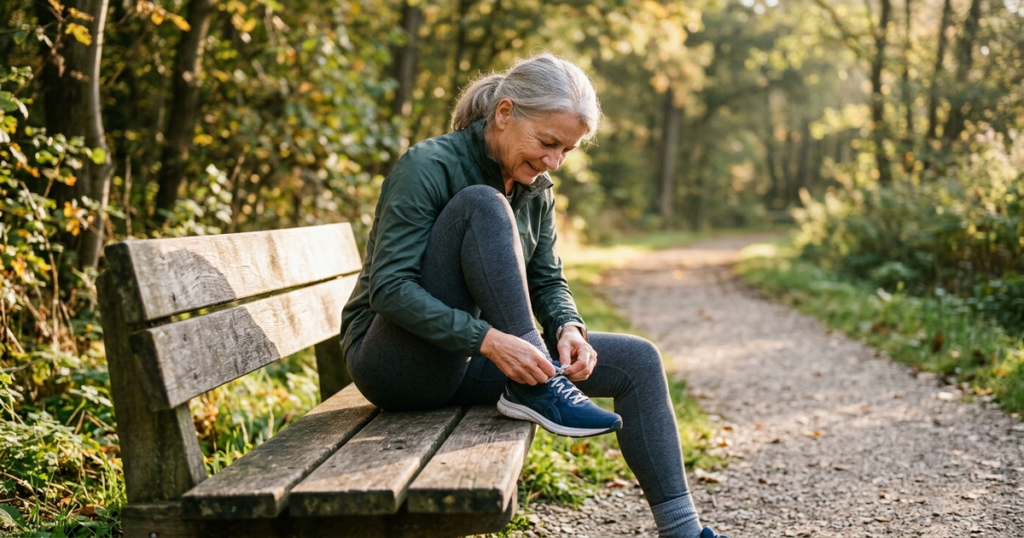 An active adult sitting on a park bench tying running shoes along a tree-lined trail in warm morning light.