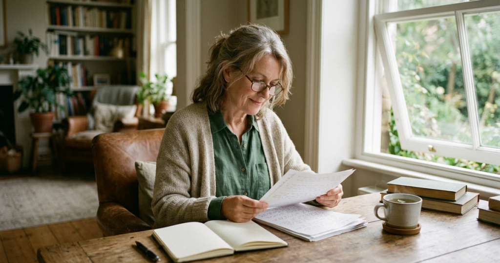 Mature woman reading notes calmly at a wooden desk with a notebook and tea in a sunlit home study