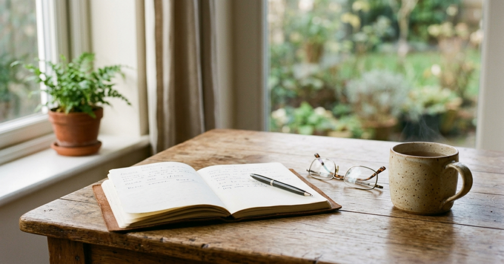 An open notebook, reading glasses, and a steaming ceramic mug resting on a wooden table beside a sunlit window