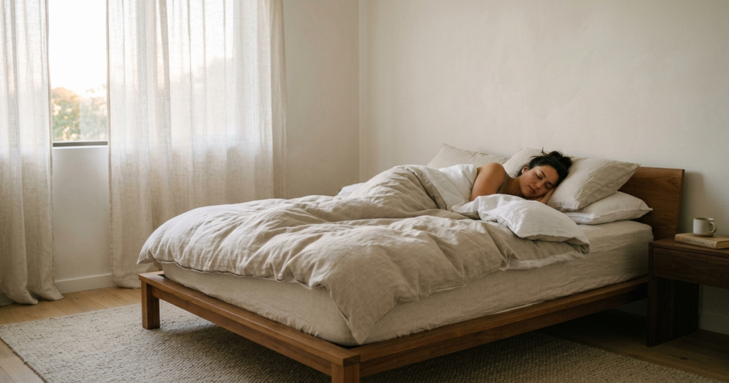 A person sleeping peacefully in a dimly lit bedroom with soft morning light filtering through linen curtains.