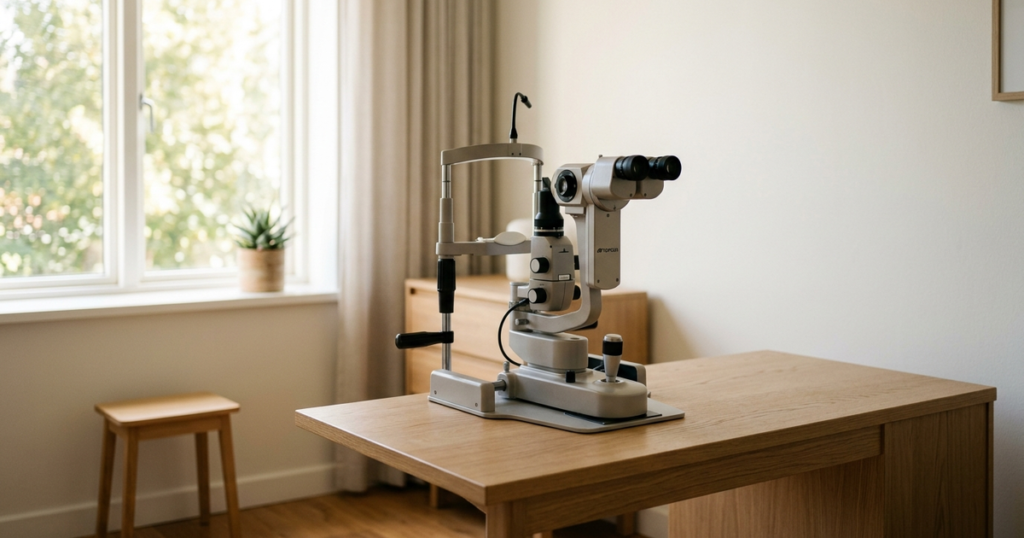 An optical coherence tomography imaging device in a calm sunlit optometry examination room