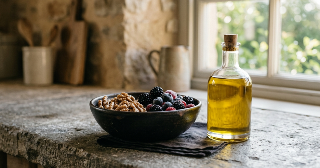 Ceramic bowl of fresh walnuts and blackberries next to a glass bottle of extra virgin olive oil on a stone countertop in soft morning window light
