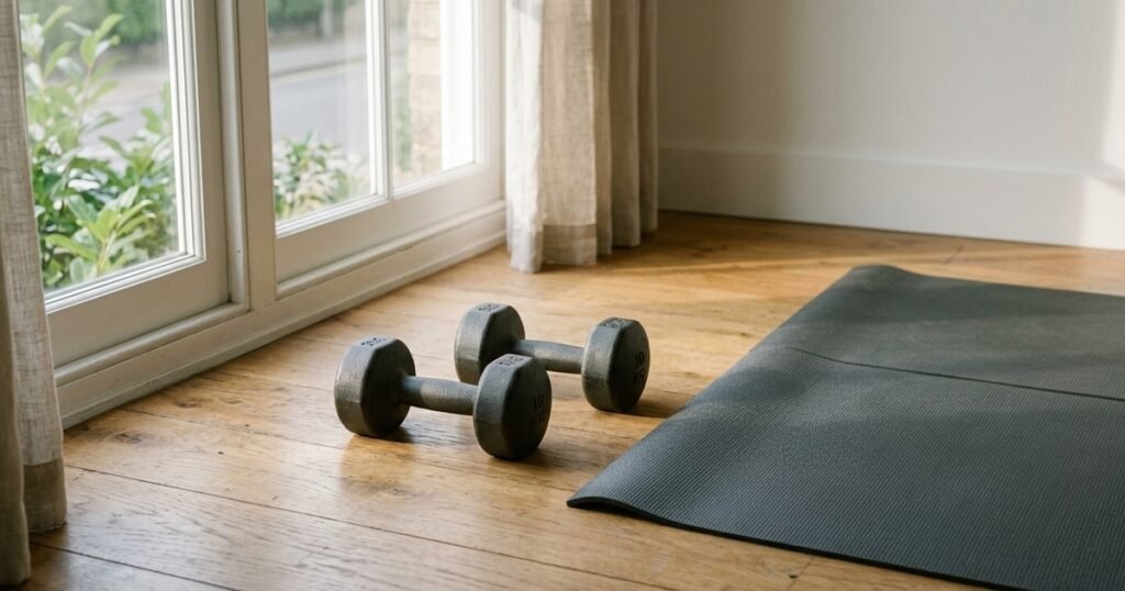 Pair of iron dumbbells resting on a hardwood floor beside an exercise mat in morning window light