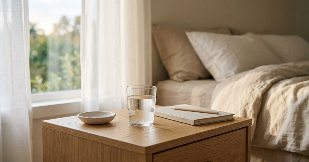 Clear glass of water on a wooden nightstand in morning sunlight beside a closed notebook and ceramic dish