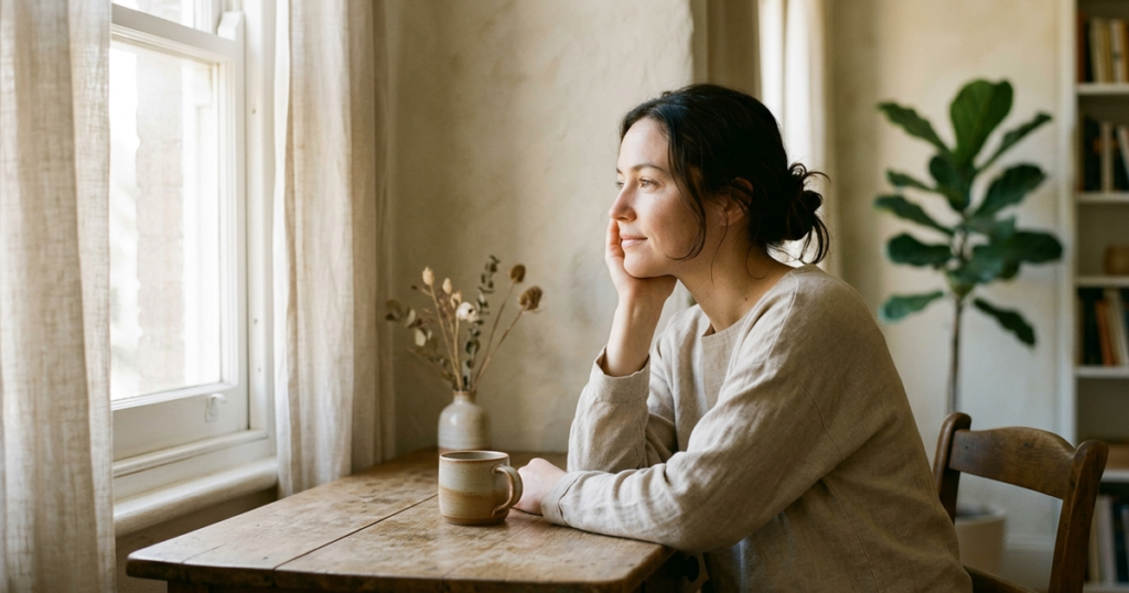 A relaxed person resting their jaw peacefully by a wooden table near a sunlit window