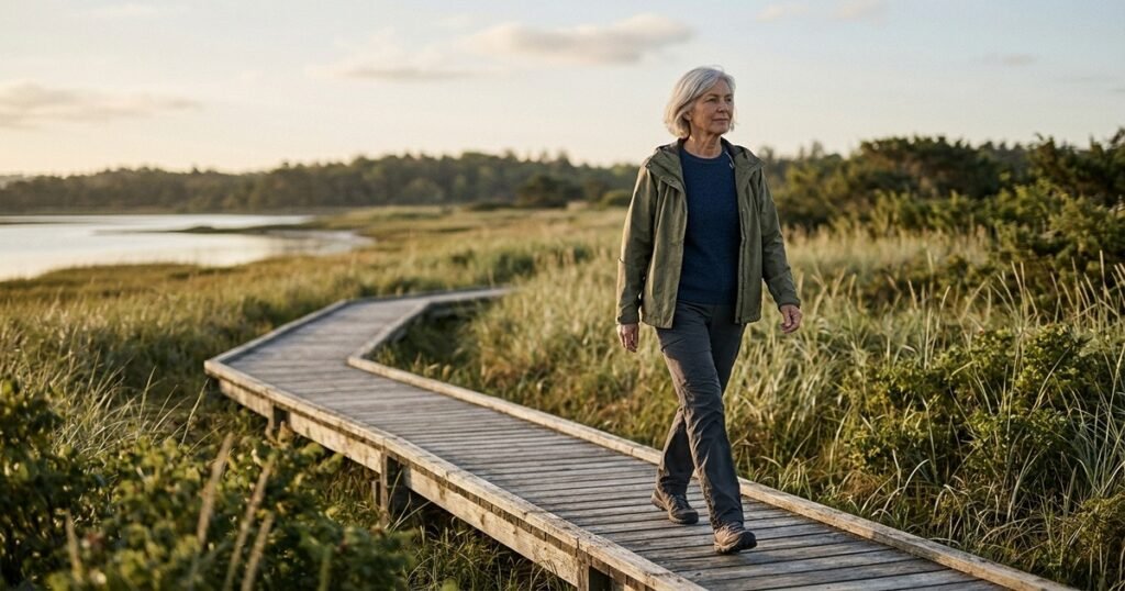 Active older adult walking along a sunlit wooden boardwalk path in a serene coastal meadow during early morning light