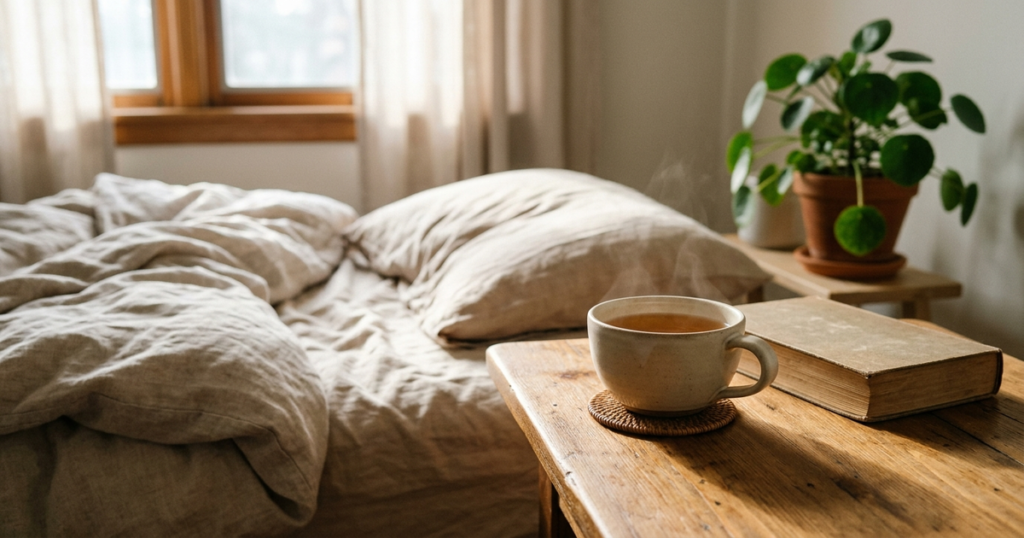 A peaceful recovery bedroom with warm morning sunlight illuminating a wooden bedside table, a cup of warm tea, and linen bedding