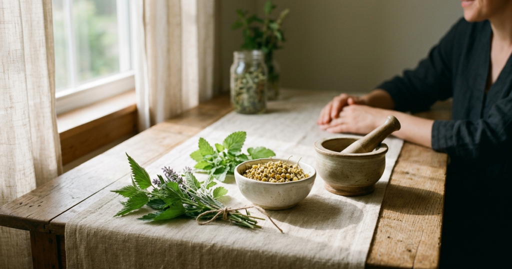 A serene consultation table with dried chamomile in a ceramic bowl, fresh herbs, and a traditional stoneware mortar in morning light.