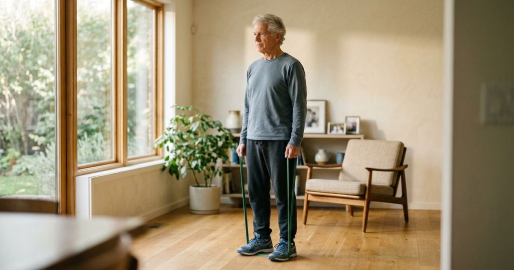 Active older adult standing with steady balance in a sunlit living room holding an exercise resistance band.