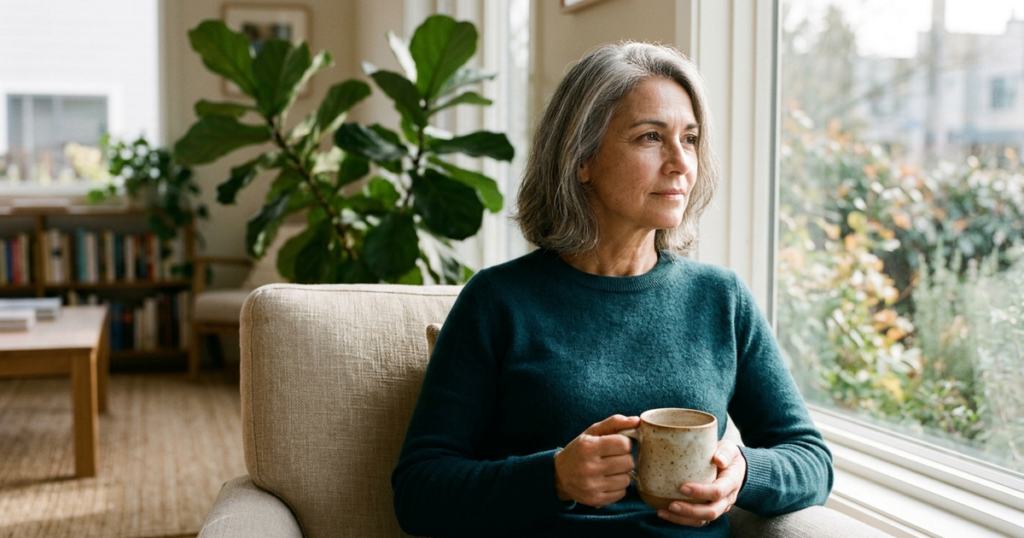 A midlife woman seated thoughtfully by a sunlit window with a warm ceramic cup in peaceful morning light.