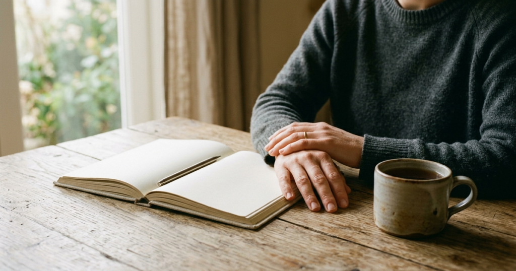 A person's hands resting quietly on a rustic wooden table beside an open journal and warm ceramic mug in soft morning light