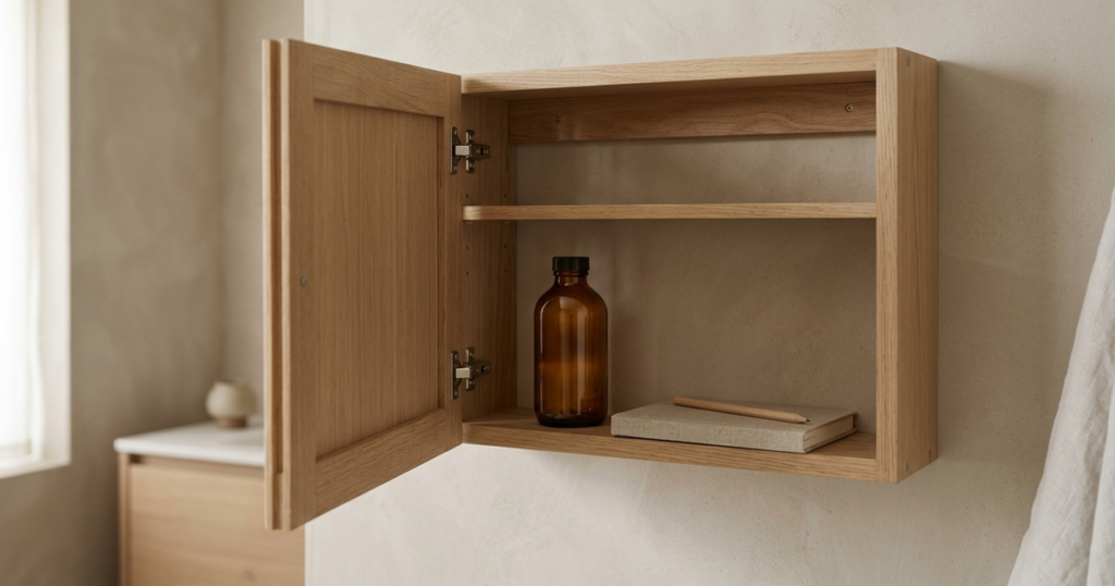 An unlabelled amber glass medicine bottle and small notebook on a clean wooden medicine cabinet shelf in soft daylight.
