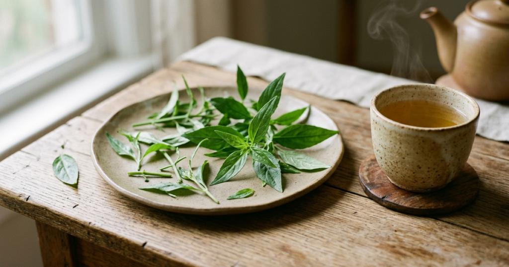 Fresh green Andrographis leaves and dried botanical stems on a stoneware dish beside a cup of herbal tea in natural window light.