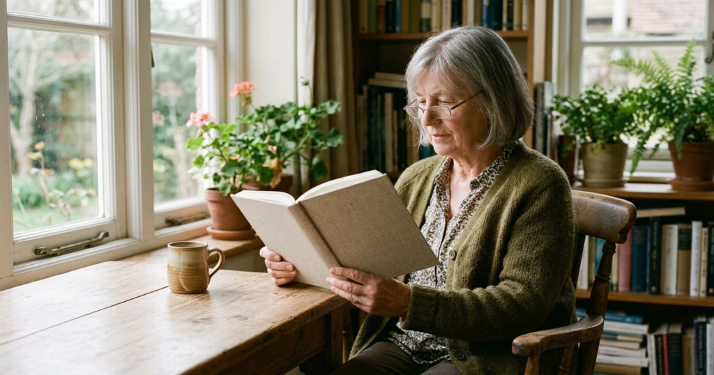 An older adult sitting peacefully by a sunlit window in a study reading a hardcover book beside a ceramic mug.