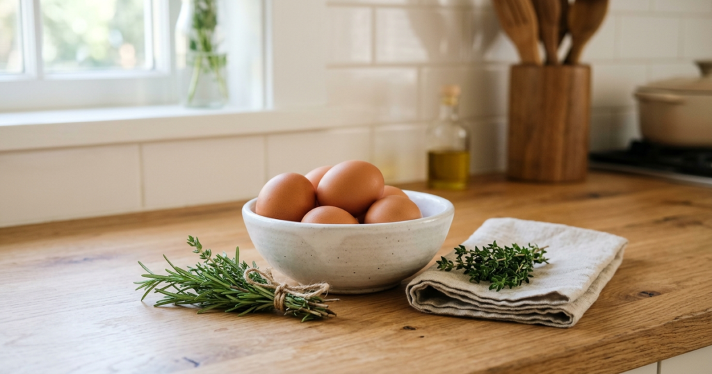A white ceramic bowl of clean brown farm eggs beside a linen kitchen towel and fresh herbs on a sunlit oak countertop.