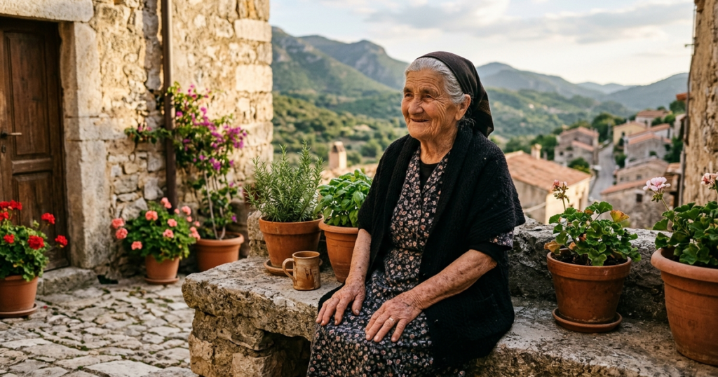 Elderly Sardinian woman smiling warmly on a rustic stone bench in a sunlit mountain village courtyard surrounded by potted Mediterranean herbs and rolling Sardinian hills.