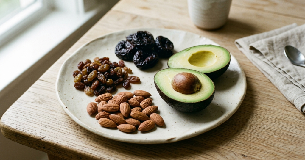 Whole food sources of boron including dried prunes, raisins, almonds, and halved avocado on a ceramic plate.