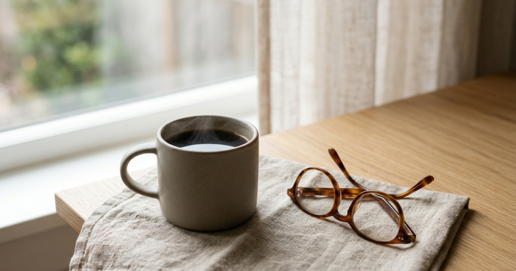 A handcrafted ceramic mug of coffee beside tortoiseshell reading glasses on a linen mat in soft morning window light.