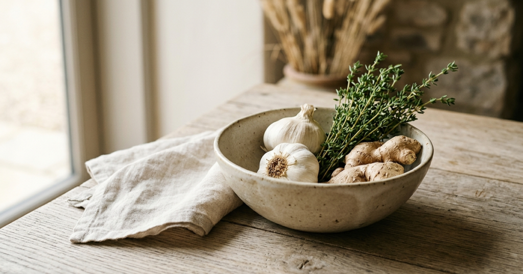 Handcrafted ceramic bowl with garlic heads, ginger root, and green thyme sprigs on a rustic wooden table in soft daylight.
