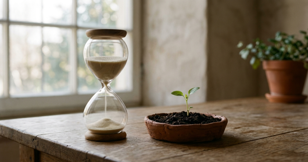 Glass hourglass with pale sand on a natural wooden table beside a small terracotta dish with fresh soil and a single green sprout in soft morning light.