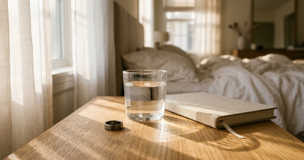 A minimalist wearable smart ring beside a glass of water on a sunlit wooden bedside table in soft morning light.
