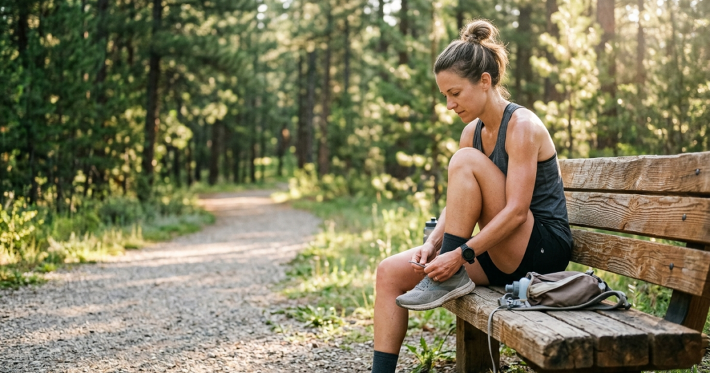 Runner resting on a wooden bench along an outdoor nature trail in soft morning sunlight.