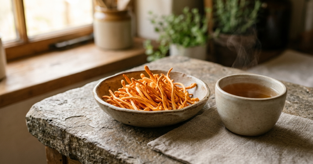 Handcrafted shallow ceramic bowl with fresh vibrant orange Cordyceps militaris mushrooms beside a cup of tea on a stone countertop in morning window light.